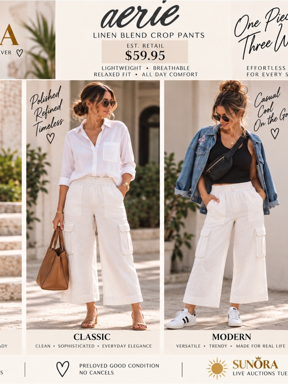 aerie Cream Linen-Blend Crop Cargo Pants